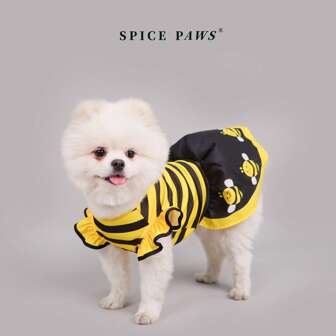 1pc Cute Bee Stripe Print Pet Dog Dress With Flutter Sleeves, Suitable For Small/Medium Dogs And Cats In Summer