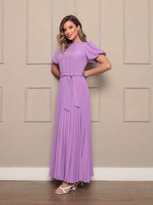 Women's Long Crepe Dress With Puffed Sleeves, Bow Waist And Pleated Skirt - Elegant And Sophisticated - 紫羅蘭色 - 查看 4