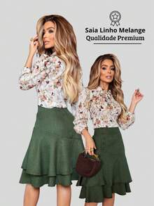 Women's Midi Skirt Fashion Evangelical Executive Casual Lined With Ruffles And Buttons - màu xanh lá - Xem 7