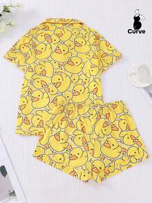 Plus Size 2pcs Set Yellow Base Cute Duck Print Women Pajamas Set, Short Sleeve Collared Button-Up Soft Top And Relaxed Elastic Shorts, Beautiful Fashionable Daily Outfit, Holiday Sleepwear Party Wear, Comfortable Home & Outdoor Loungewear - Yellow - View 2