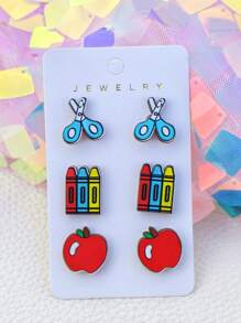 3 Pairs Cute Stationery/School-Themed Wooden Stud Earrings, Great Gift For Back To School, Graduation, Or Teacher's Day