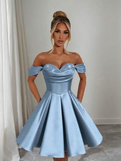 Elegant Sleeveless Strapless Short Blue Ball Gown Party Dress Women Short Dresses, Semi Formal Prom Dress, Wedding Guest Bridesmaid Dresses, For Birthday, Wedding Guest, Graduation, Homecoming, Spring Summer Outfits