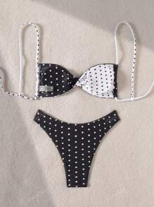 Set di bikini da donna con triangolo sexy apertura sul retro, in bianco e nero a pois, casual, adatto per spiaggia e vacanza