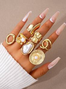 30pcs Exaggerated Chunky Vintage Coin Style Asymmetrical Metal Rings Set, Suitable For Women, Couples, Vacation, Date, Daily, Party, Gift For Mom, Friends