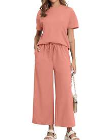 Women's 2 Piece Summer Outfits 2026 Short Sleeve Tops Wide Leg Crop Pant Sets Casual Tracksuit - 粉色 - 查看 3