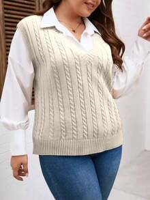 College Style, Braid, V-Neck, Plus Size, Fall And Winter, Valentine's Day Knit Vest - Sand - View 4