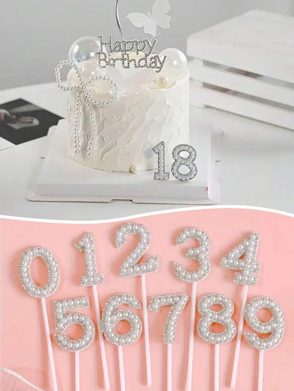 1pc Pearl Cake Topper, Rhinestone Pearl Number Cake Decorative Plate, Imitation Candle Goddess Birthday Party Decoration, Elegant Pearl Cake Decor, Birthday Cake Topper, Dessert, Chocolate Decor, Wedding Ceremony, Mother's Day, Anniversary, Birthday, Graduation Season, Holiday Decoration