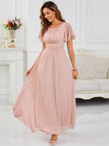EVER-PRETTY Abito da damigella d'onore da cerimonia elegante in chiffon con scollo a equipaggio, vita segnata e gonna plissettata fino ai piedi