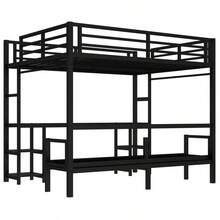 Queen Over Twin XL Metal Bunk Bed/Loft Bed With Desk And Shelves, Multiple Uses Folds Into Sofa With LED And USB, Black-3209 - Multicolor - View 8