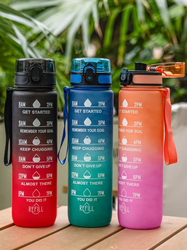 1 Stück 1000ml/32oz Farbverlauf Handgehaltene Sport Wasserflasche, Plastik Trinkbecher mit Deckel, auslaufsichere Versiegelung, tragbar mit Riemen, bedruckte Skala, geeignet für Outdoor Radfahren, Picknick, Camping, Fitness, Büro