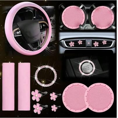 Women's Leather Steering Wheel Cover 10 Pieces 14.5-15 Inches Car Accessories, With Seat Belt Shoulder Pad, Seat Belt Cover Cup Holder, Start Button Ring Sticker