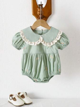 1pc Baby Girl Lace Collar All-Over Embroidered Bodysuit, Loose Casual Short Sleeve Bodysuit, Summer Outing & Party Wear, 1st Birthday Outfit
