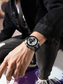 REWARD 男士石英表商务时尚计时日历夜光指针多功能男士腕表高品质礼物经典设计硅胶表带 - 黑色 - 查看 5