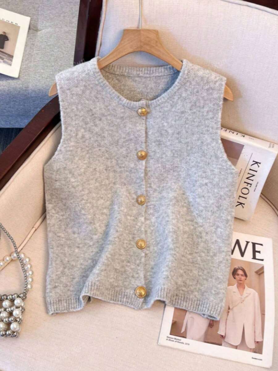 Plus Size Casual Button Up Solid Color Knitted Sweater Vest Cardigan - Light Grey - View 1