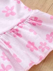 Baby Girls Sleeveless Flower Printed Lotus Hem Top + Solid Color Soft Jersey Shorts 2pcs Set, Summer