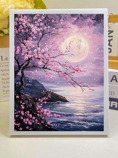 1pc Diamond Painting Kit, Moonlight Sakura Flowers Design, DIY Full Round Diamond Embroidery Kit, Unframed Rhinestone Mosaic Art Craft, Birthday Gift, Home Decor Suitable For Adults Beginners