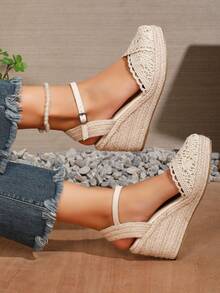 Women's Breathable Snap Button Cross Absorb Sweat Comfortable Linen Rope Fashionable Lightweight Wedge Shoes