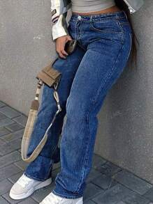 Jeans rectos casuales de pierna ancha con bolsillos para mujer talla grande