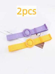 1pc/2pcs Plus Size Bohemian Round Wooden Buckle Hollow Out Straw Waist Belt, Suitable For Dresses, Beach Vacation, Party