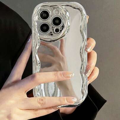 镜面奶油色波浪边高端电镀银漆防摔手机壳保护套兼容 XR/7/8，兼容 16/11/16pro/16plus/16promax/16e/15Promax/13/14/12/XS/XR/7G/8P， 13/14，柔软奶油色波浪边亮面全新 TPU 防摔彩绘保护手机壳防水防震防刮