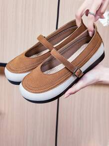 Calçado Feminino de Moda Cor Bloco Bico Redondo com Fivela, Sapatilhas Macias e Confortáveis com Sola Macia para Uso Casual ao Ar Livre, Mocassins