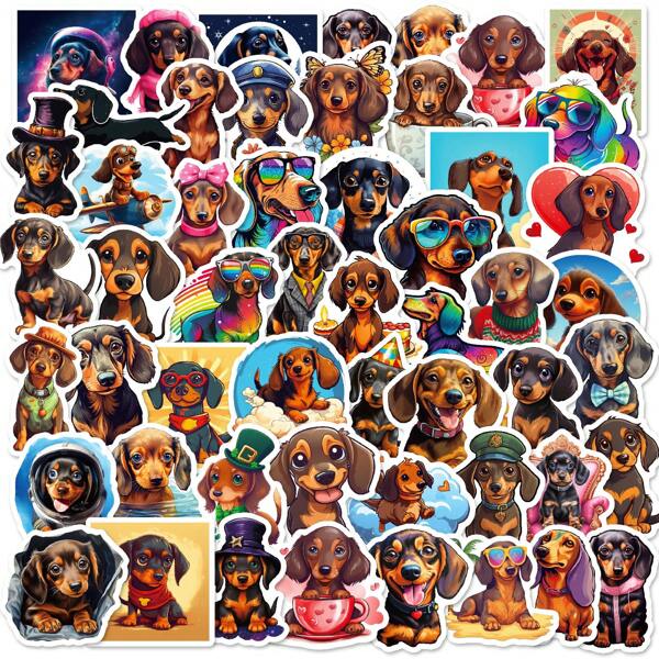 50 pegatinas impermeables de PP con diseño de perro salchicha de dibujos animados, coloridas y infantiles, aplicables a tazas, patinetas, computadoras portátiles, cuadernos, equipaje, educación temprana, recompensas en el aula, interacción entre padres e hijos