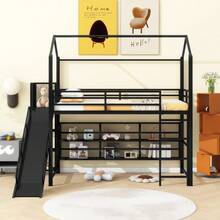 Twin Size House Metal Loft Bed With Iron Mesh Shelves And Slide,Black-9881 - Multicolor - View 2