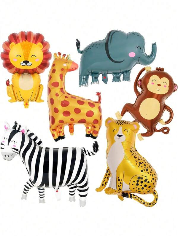 6 Pcs Balloon, Jungle Animals Foil Balloon, Giant Zoo Animal Balloon Zebra Elephant Monkey Lion Giraffe Leopard Shaped Animal Balloon For Zoo Wildlife Theme Birthday Party Decorations