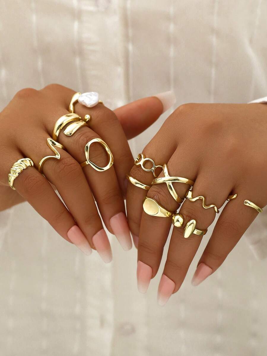 12pcs Smooth Geometric Shaped Oversized Fashion Rings, Retro Style Classic Gold Color Ladies Rings - Gold - View 1