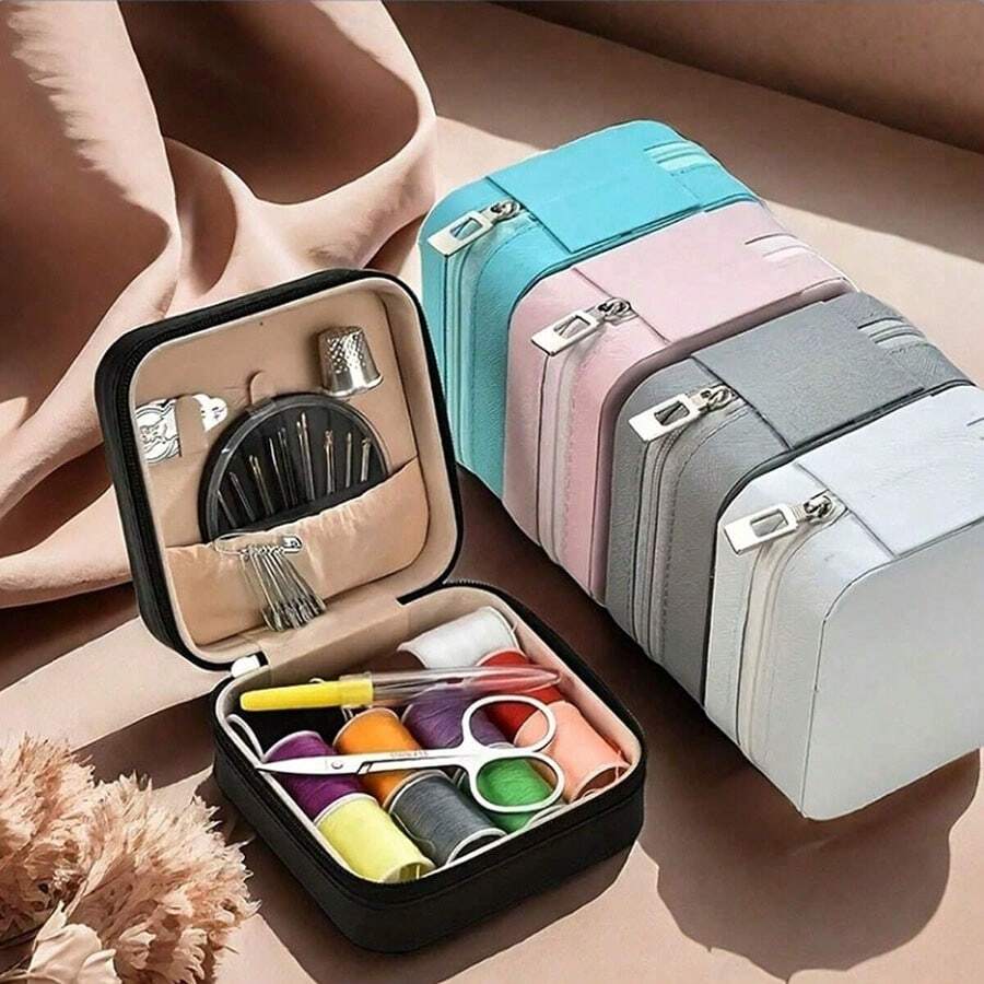 Bộ dụng cụ may vá du lịch mini 1 chiếc, Bộ dụng cụ may vá bằng da giả, Bộ dụng cụ may vá nhỏ cho người mới bắt đầu, Có hộp đựng thêu chữ thập có khóa kéo (Hộp cũng có thể được sử dụng để đựng đồ trang sức) - Bộ dụng cụ may vá thủ công hoàn chỉnh tự làm thích hợp cho du lịch và sử dụng tại nhà, Có nhiều màu sắc