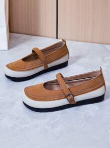 Calçado Feminino de Moda Cor Bloco Bico Redondo com Fivela, Sapatilhas Macias e Confortáveis com Sola Macia para Uso Casual ao Ar Livre, Mocassins