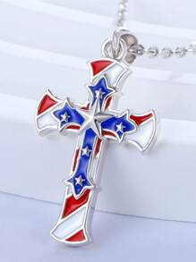 1pc Elegant & Versatile Patriotic Independence Day Red White Blue Star Cross Necklace, Suitable For Men & Women, Exquisite Gift