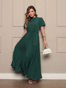 Women's Long Crepe Dress With Puffed Sleeves, Bow Waist And Pleated Skirt - Elegant And Sophisticated - 軍綠色 - 查看 1