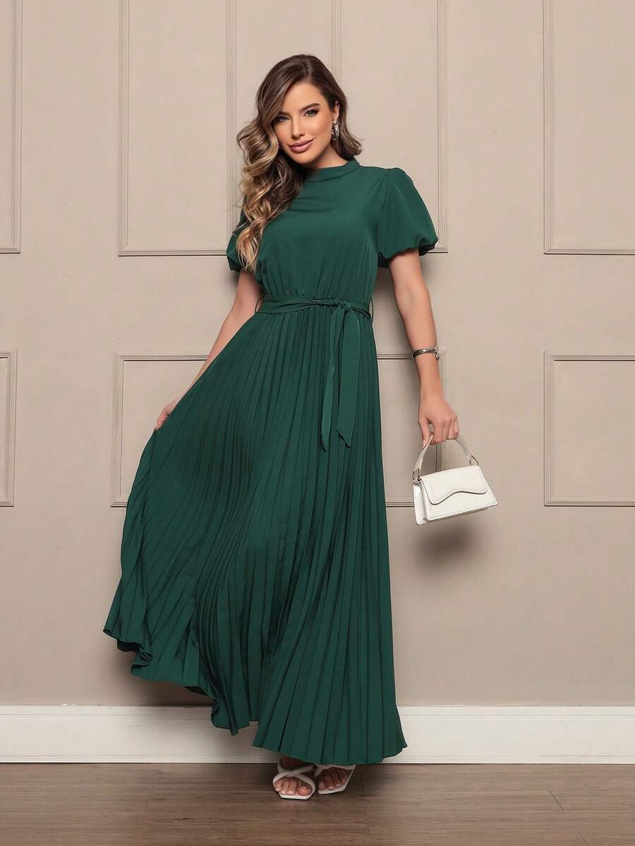Women's Long Crepe Dress With Puffed Sleeves, Bow Waist And Pleated Skirt - Elegant And Sophisticated - 軍綠色 - 查看 1