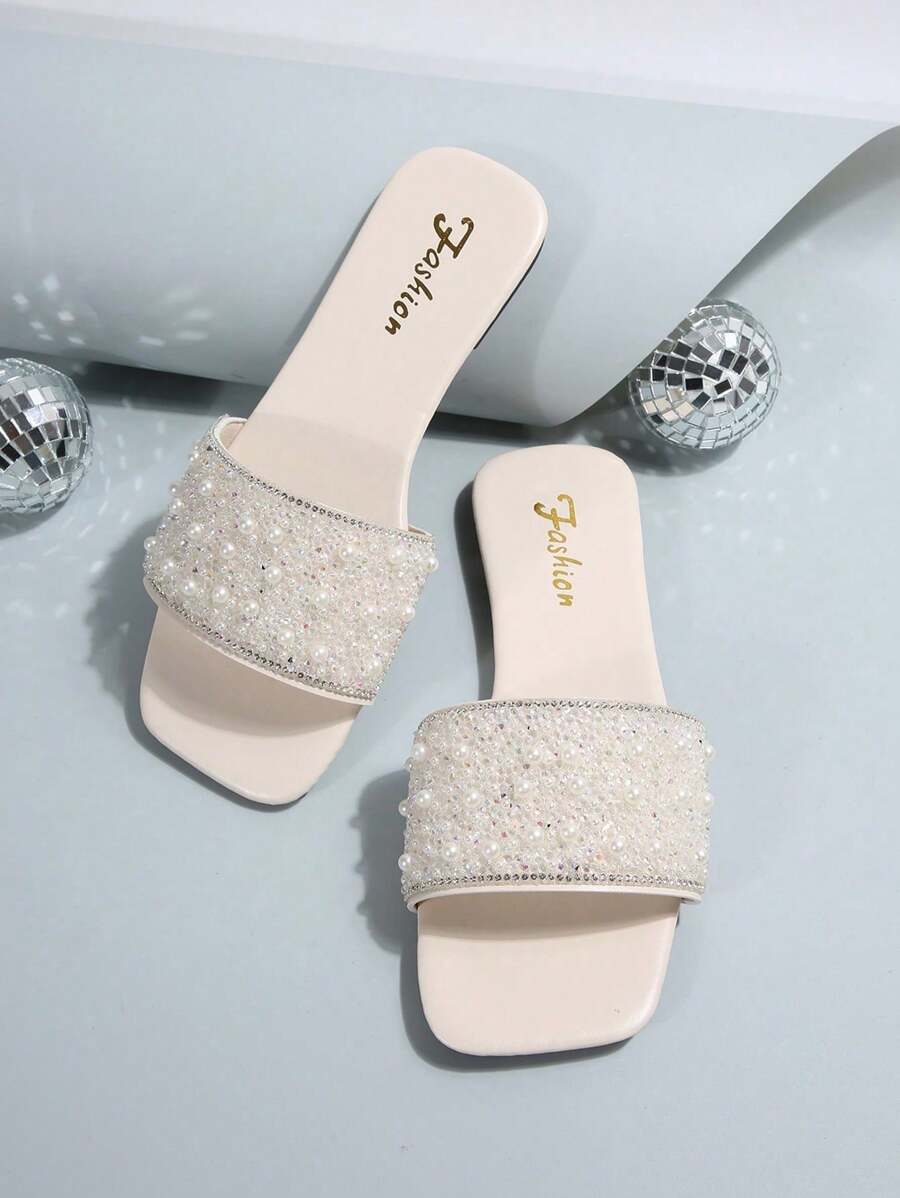 Women's Summer Casual Rhinestone Slide Sandals, Versatile Outdoor Plastic Flat Sandals
