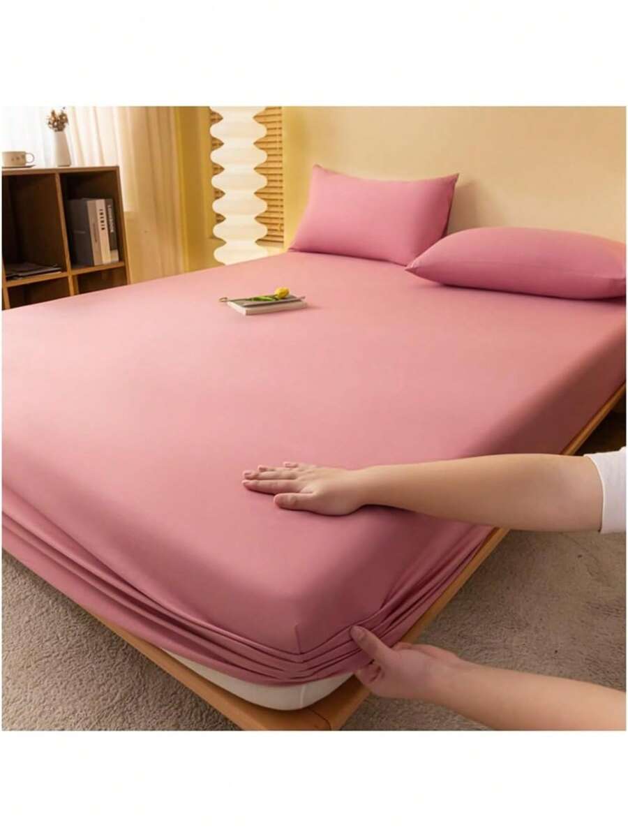 1 Piece Fitted/Drawer Sheet Cotton Breathable Solid Color - Pink - View 1