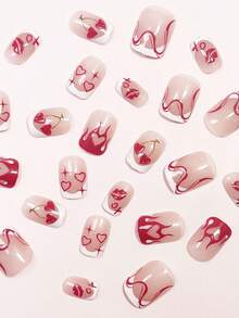 24pcs Nail Stickers With Various Designs Including Short, Modern French White, Red Wavy, Square, Flame Heart, Cherry, Red Lips, XOXO Patterns. Romantic And Cute, Suitable For DIY Manicure. Easily Create Romantic Nails For Daily, Date, Party, Valentine's Day, New Year, Thanksgiving And Other Occasions. Nail Supplies - Multicolor - View 3