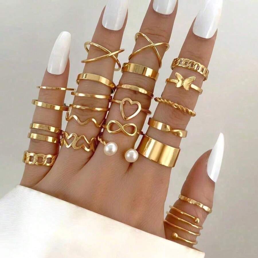 22 anéis boêmios de imitação de pérolas em forma de coração, design exclusivo, anel simples e elegante da moda feminina