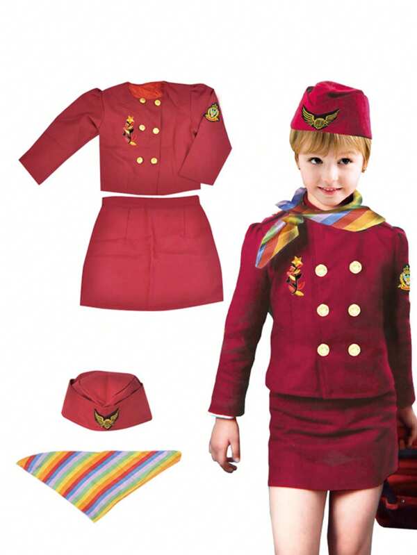 4 pièces/set Costume de pilote/agent de bord pour enfants, tenue de jeu de rôle pour tout-petits, costume pour la journée des carrières/Halloween pour filles (couleurs et accessoires assortis)