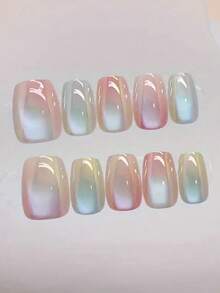 10Pcs Ombre Cat Eye Press-On Nails - Short Ballet Shape, Candy Colors, Glossy Finish, Easy To Apply And Reusable - Salon Quality Look Nail Supplies Nails - Multicolor - View 3