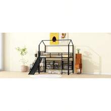 Twin Size House Metal Loft Bed With Iron Mesh Shelves And Slide,Black-9881 - Multicolor - View 5
