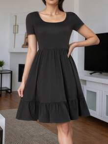 Abito casual a maniche corte lavorato a maglia di colore unito per ragazze adolescenti (YY824) - nero - Visualizzare 6