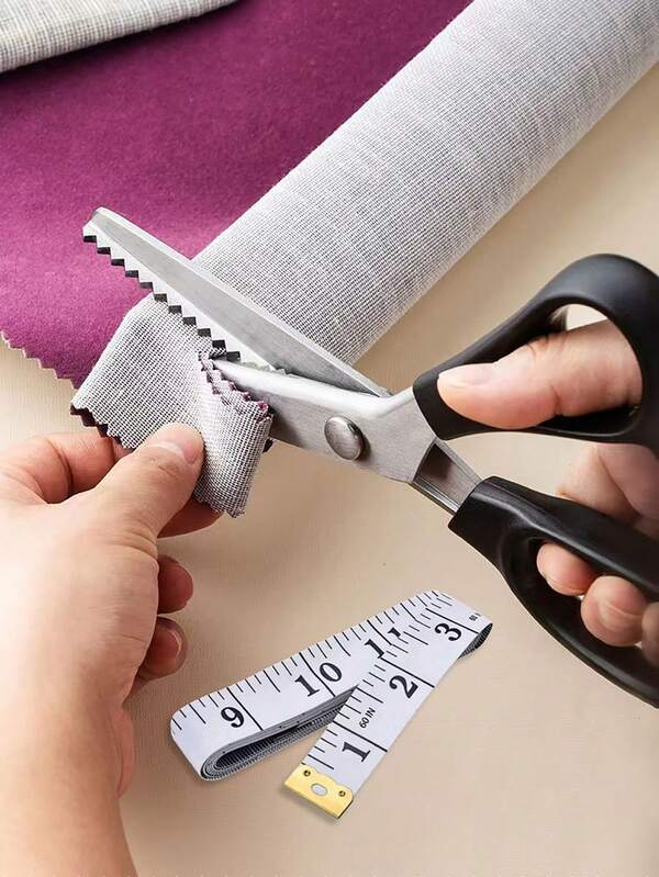2pcs Set: Sewing Scissors, Serrated Scissors, Suitable For Handicrafts, Tailoring, Paper Cutting, School, Home, Fabric Edging, Leather, Decoration (1 Pair Of Scissors + 1 Soft Ruler)