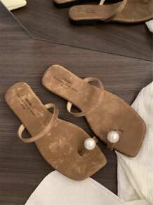 Women's Square Toe Slip-On Flat Sandals With Pearl Decor, Elegant French Style, Non-Slip Soft Bottom