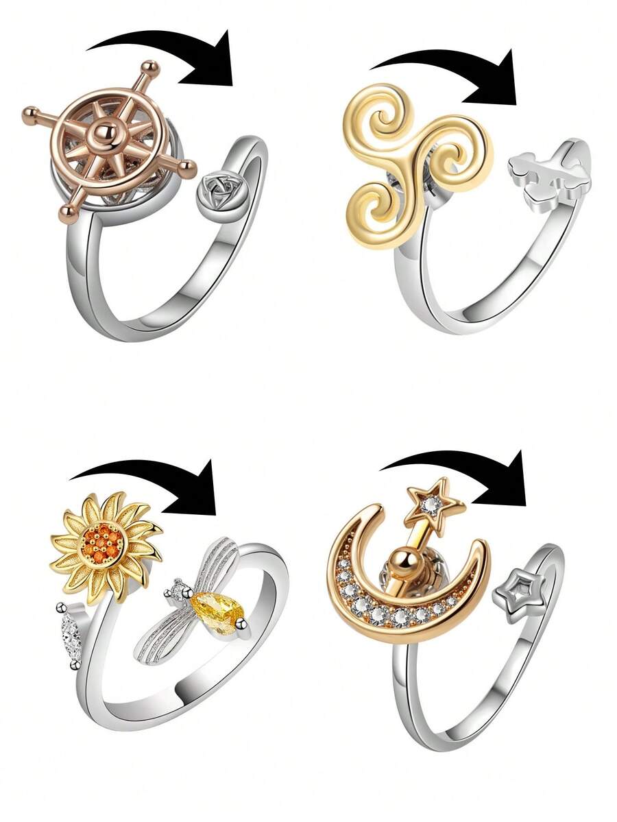 1 件奢华时尚镀金/镀银锆石旋转指尖戒指，女士缓解焦虑蝴蝶指节戒指，婚礼珠宝缓解压力可调节开口戒指 - 彩色 - 查看 1