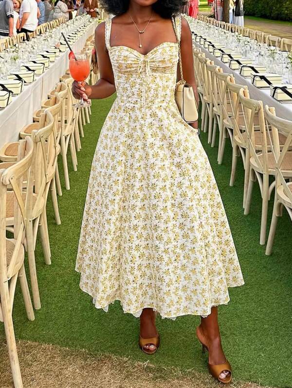 Vestido de tirantes con estampado floral diminuto de verano para la mujer, cinturilla, para fiesta y jardín