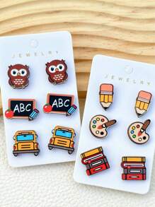 3 Pairs Cute Stationery/School-Themed Wooden Stud Earrings, Great Gift For Back To School, Graduation, Or Teacher's Day
