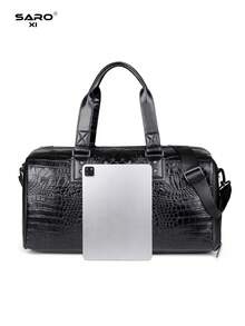 saroxi 1 件男士周末旅行包，大容量，斜挎包和手提包，时尚休闲运动包带鞋隔层，适合旅行和通勤，PU 皮革，黑色