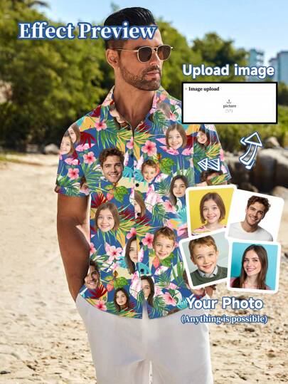 Customized Hawaiian Shirts, Personalized With Human, Pet, Cartoon Or Holiday Graphics For Men, Women And Children Ornamental,Dawg Stylish,Fashion,Hipster,Contracted,Easy Costume,Modest Fashion,Minimal Chic,Casual Custom,Unique,Personalized Ideal Gifts For Him Family,Boyfriend,Friends,Children