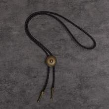 1pc Vintage Bolo Tie Long Necklace, Western Style Round Patterned Pendant